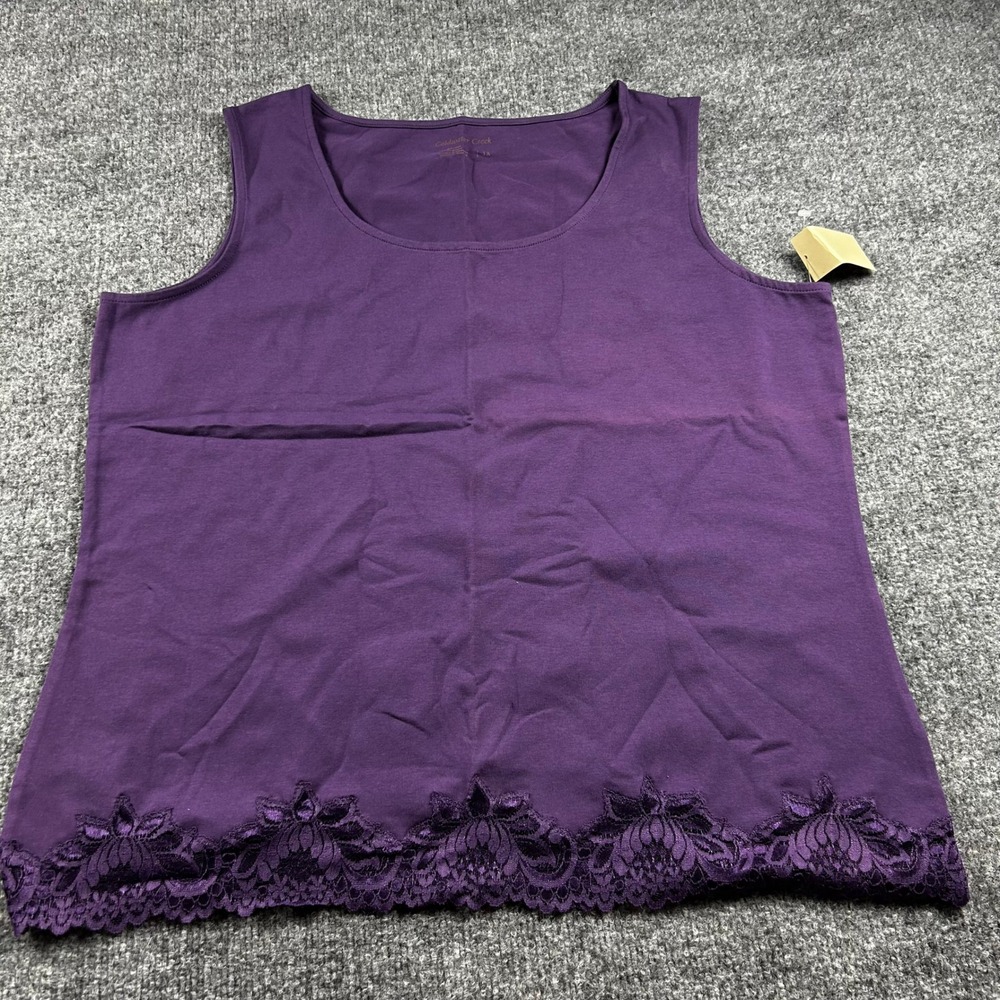 Coldwater Creek Womens 1X Purple Lace Trim Tank Top Scoop Neck Cotton Blend NEW